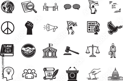 Politics outline icon set with government election constitution and party symbols editable vector style.