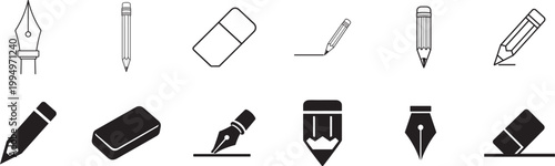 Editable line icon set of pencil eraser signature and edit tools in sharp monochrome style vector ui.