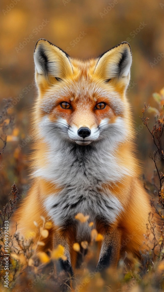 Fototapeta premium A fox with a piercing gaze in the autumn grass — a wild backdrop for nature, cunning, the beauty of wildlife, or a moment of stillness before moving forward.