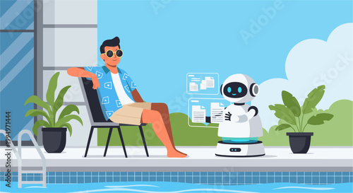 Man relaxing while AI robot manages digital tasks and workflow