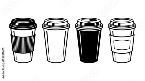 "Vector coffee cup icons collection, disposable takeaway drink silhouettes set, black minimalist design featuring ribbed sleeve, plain, labeled cups for branding, packaging, education, and marketplace