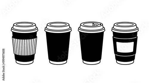 "Vector coffee cup icons collection, disposable takeaway drink silhouettes set, black minimalist design featuring ribbed sleeve, plain, labeled cups for branding, packaging, education, and marketplace