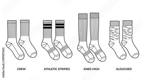"Vector socks silhouettes collection, footwear illustration set featuring striped, plain, knee-high, scrunched designs, black minimalist fashion icons for apparel branding, education, and marketplace 