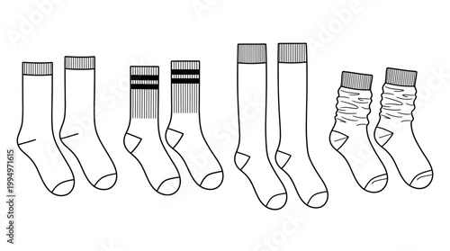 "Vector socks silhouettes collection, footwear illustration set featuring striped, plain, knee-high, scrunched designs, black minimalist fashion icons for apparel branding, education, and marketplace 