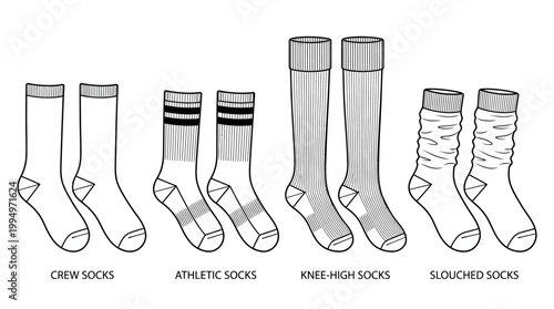 "Vector socks silhouettes collection, footwear illustration set featuring striped, plain, knee-high, scrunched designs, black minimalist fashion icons for apparel branding, education, and marketplace 