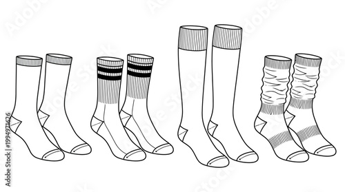 "Vector socks silhouettes collection, footwear illustration set featuring striped, plain, knee-high, scrunched designs, black minimalist fashion icons for apparel branding, education, and marketplace 