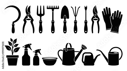 "Vector gardening tools silhouettes collection, essential equipment icons set, black minimalist design featuring rake, spade, shears, watering cans, gloves, and plant elements for education, branding,