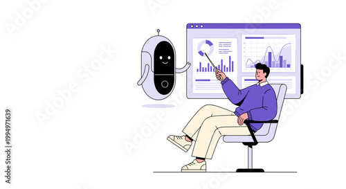 Man analyzing data with AI assistant and business dashboard