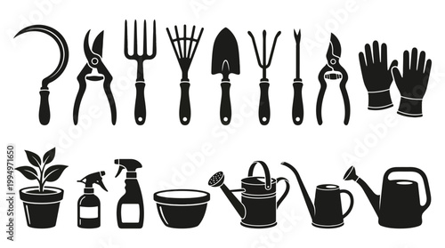 "Vector gardening tools silhouettes collection, essential equipment icons set, black minimalist design featuring rake, spade, shears, watering cans, gloves, and plant elements for education, branding,