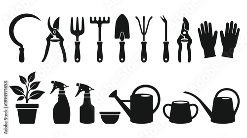 "Vector gardening tools silhouettes collection, essential equipment icons set, black minimalist design featuring rake, spade, shears, watering cans, gloves, and plant elements for education, branding,