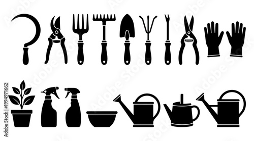 "Vector gardening tools silhouettes collection, essential equipment icons set, black minimalist design featuring rake, spade, shears, watering cans, gloves, and plant elements for education, branding,
