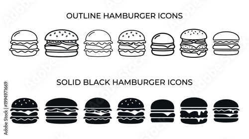 "Vector hamburger icon silhouettes collection, fast food burger illustration set, black minimalist design with buns, toppings, patties, layered styles for branding, menus, and marketplace optimization