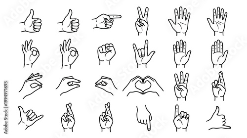 "Vector hand gesture line drawings collection, expressive communication icons grid, minimalist black outline design featuring peace, thumbs up, OK, heart, and symbolic poses for branding, education, a