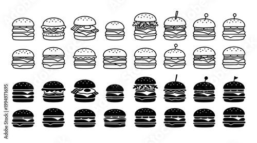 "Vector hamburger icon silhouettes collection, fast food burger illustration set, black minimalist design with buns, toppings, patties, layered styles for branding, menus, and marketplace optimization