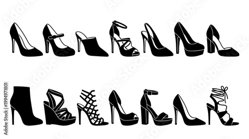 "Vector high heel shoe silhouettes collection, fashionable footwear styles set, black minimalist pumps, sandals, wedges, platforms, and block heels design for branding, fashion, and marketplace optimi