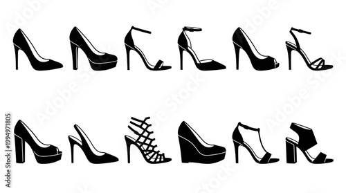 "Vector high heel shoe silhouettes collection, fashionable footwear styles set, black minimalist pumps, sandals, wedges, platforms, and block heels design for branding, fashion, and marketplace optimi