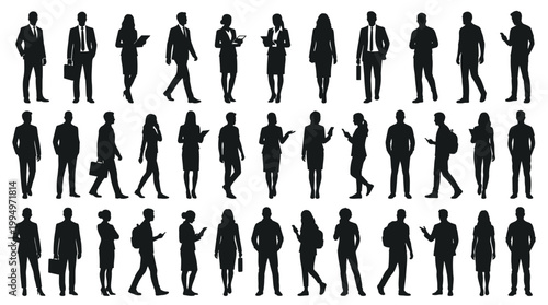 "Vector business people silhouettes collection, corporate professionals in office attire, teamwork and communication poses, black minimalist design for branding, education, presentations, and marketpl
