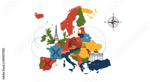 Photography Colorful map of Europe with iconic landmarks and a compass rose, representing travel and cultural diversity across the continent