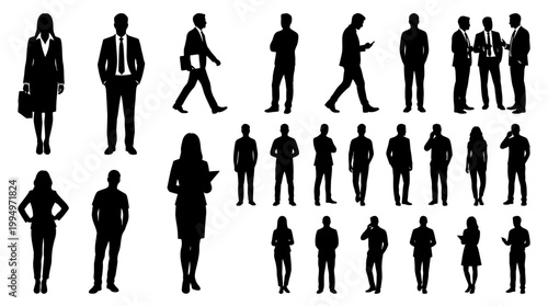 "Vector business people silhouettes collection, corporate professionals in office attire, teamwork and communication poses, black minimalist design for branding, education, presentations, and marketpl
