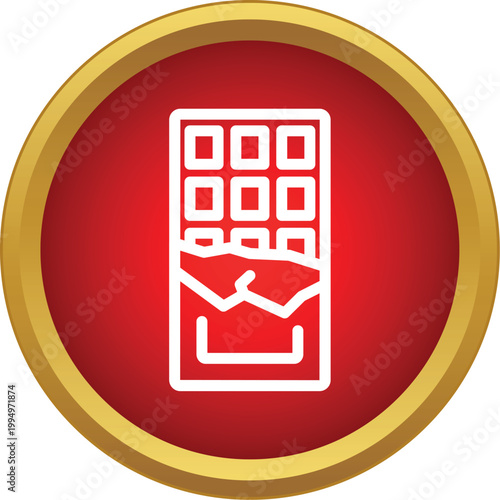Chocolate bar icon with broken wrapper on a red and gold button