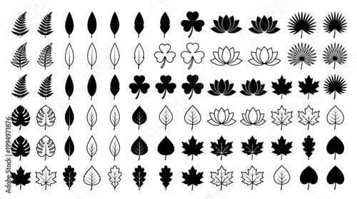"Vector leaf and flower silhouettes collection, botanical icons grid set, black minimalist foliage and floral design, natural decorative elements for branding, art, education, and marketplace optimiza