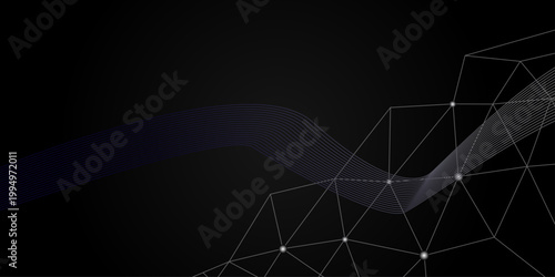Abstract Communications or technology, science background. connected dots on black background. vector. Abstract communication technology background connected grey glowing dots and lines on a dark bkgd