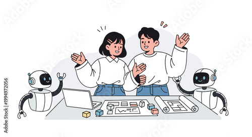 Team brainstorming with AI robots collaborating on creative project planning and digital workflow