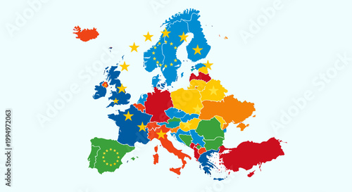 Colorful political map of Europe highlighting European Union member states with stars.