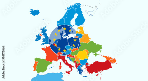 Political map of Europe illustrating the geographical extent and member countries of the European Union.