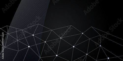 Abstract Communications or technology, science background. connected dots on black background. vector. Abstract communication technology background connected grey glowing dots and lines on a dark bkgd