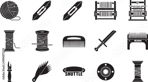 Traditional weaving tools and textile equipment icons representing craftsmanship heritage
