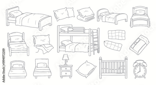 Tableau sur toile A collection of hand-drawn outline icons for bedroom furniture and sleeping essentials