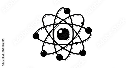 Stylized atom model illustration representing science and energy.