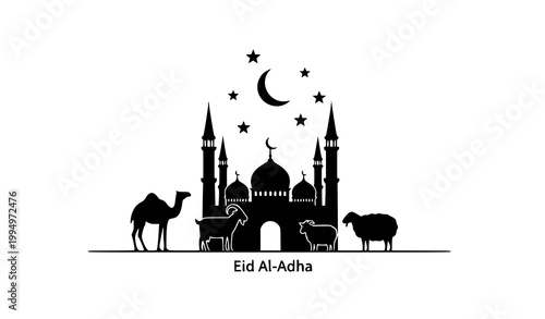 Eid al Adha silhouette elements vector with mosque camel goat crescent and islamic symbols