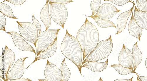 Seamless pattern with golden line art leaves
