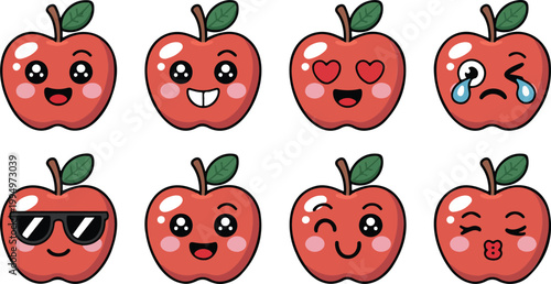 Cute Apple Character Emotion Set Kawaii Fruit Mascot 3x3 Grid Line Art Vector Collection