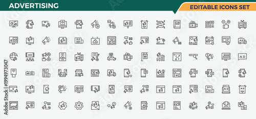 Advertising simple icon set. Icons for UI design. Featuring communication, online marketing, digital marketing, mobile, promotion, business. Editable stroke. Promotion linear icon set.