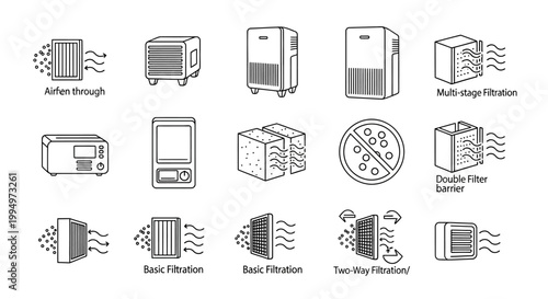 Air purifier icons, air filtration system symbols, clean air vector graphics, 12 elements