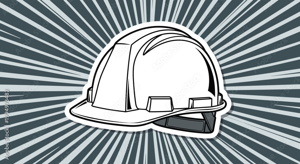 Fototapeta premium White construction hard hat icon on a dark blue and grey dynamic sunburst background for industrial and safety concepts.