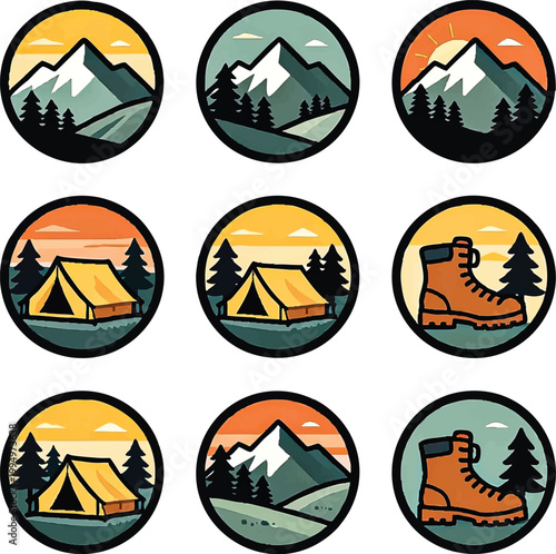 Set of Vintage Adventure and Mountain Camping Badges - Retro Outdoor Exploration Vector Labels