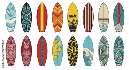 Surfboard, vector icons, colorful designs, patterns, 15 boards