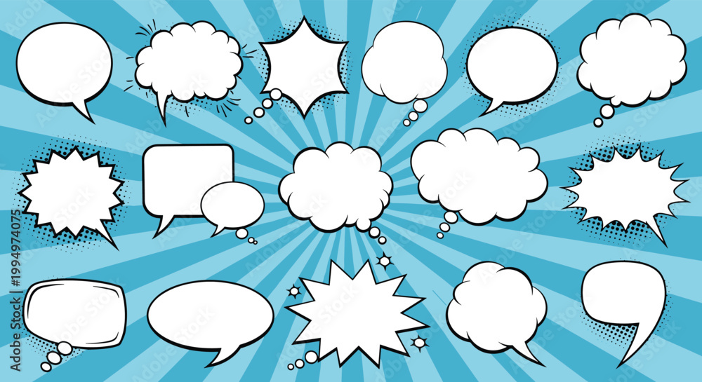 Fototapeta premium Large collection of various blank comic speech and thought bubbles on a blue sunburst background for storytelling.