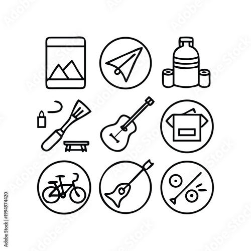 Collection of black outline smartphone, paper plane, water bottles, grill tools, guitar, backpack