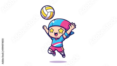 A cartoon child wearing a pink and blue outfit jumps up to hit a volleyball with both hands in a playful and dynamic pose against a clean white background.