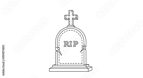 Spooky tombstone with a cross and rip text outline drawing for Halloween graveyard scene or mourning concepts on white background.