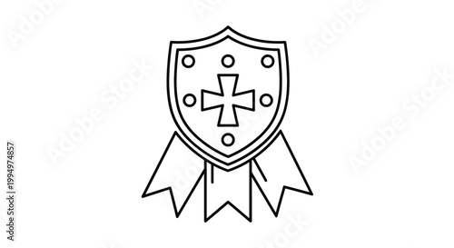 Medieval shield with cross emblem and victory ribbons line art illustration representing achievement, defense, or heraldry symbols.