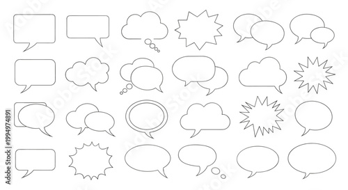 Collection of blank comic speech bubbles in various shapes and styles for dialogue design and communication concepts in vector art.