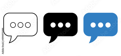 Three speech bubble with ellipses, featuring outline, solid black, and solid blue variations on a transparent background