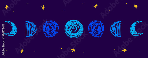Charming hand-drawn moon phases in a rich sapphire blue hue, set against a dark background for a quiet, nocturnal feel. These gentle celestial graphics are suitable for evening-themed branding, cozy 