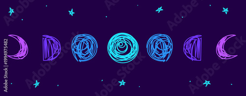 Ethereal hand-drawn moon phases and stars featuring a magical blue-and-purple gradient over a dark background. This "galaxy-inspired" palette is ideal for spiritual or astrological branding, sci-fi